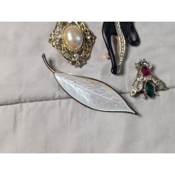 Lot Of 4 Vintage Pins Black Cat Fly Bee Leaf Cabochon Norway Sterling - Picture 5 of 16